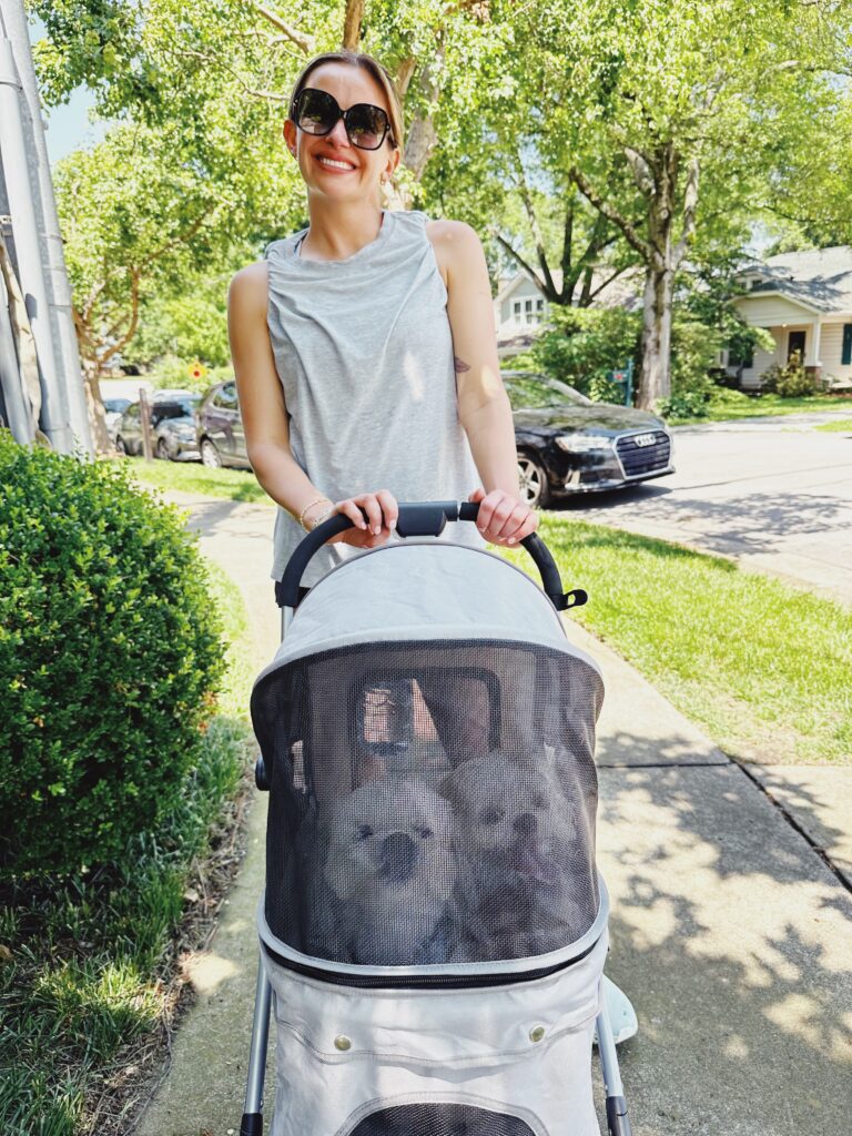 Carly Pearce pushing her dogs Johnny and June in their dog stroller